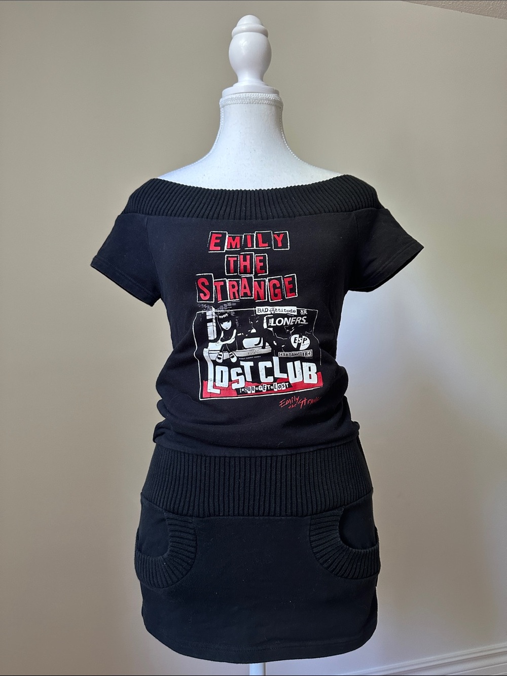 EMILY THE STRANGE Y2K Off the Shoulder Goth Punk Skater Sweater Mini Dress Small